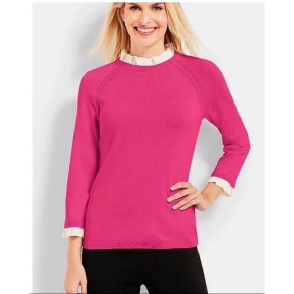 Talbots Sweater Size 1X Fuchsia Ruffle Trim Layer Pullover Preppy Career - Picture 1 of 12